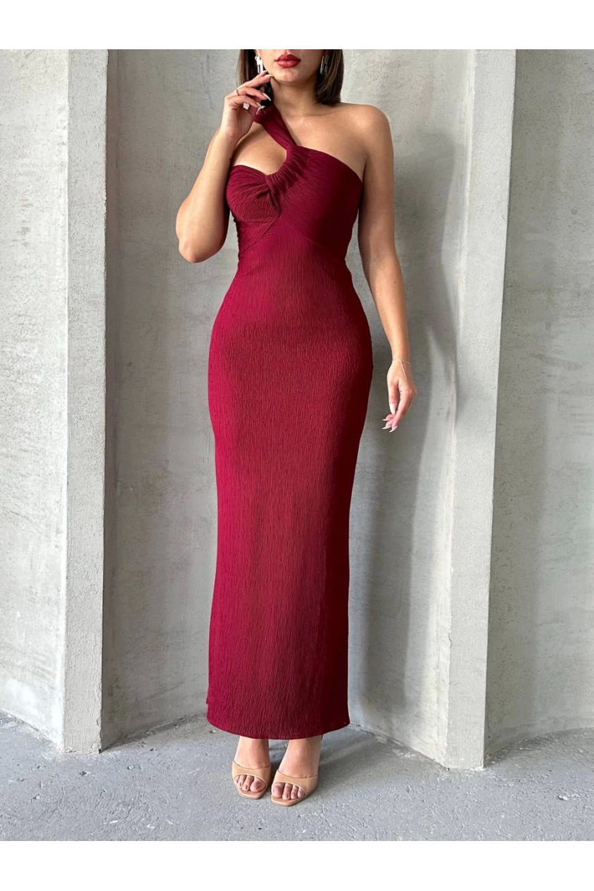 Krinkıl tek omuz uzun elbise bordo s25455