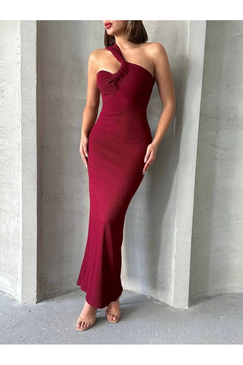 Krinkıl tek omuz uzun elbise bordo s25455