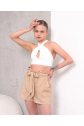 Kuşaklı keten şort bej s255265