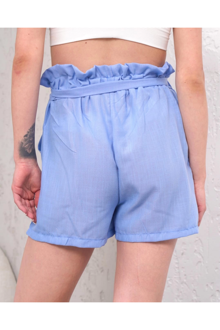 Kuşaklı keten şort mavi s255265
