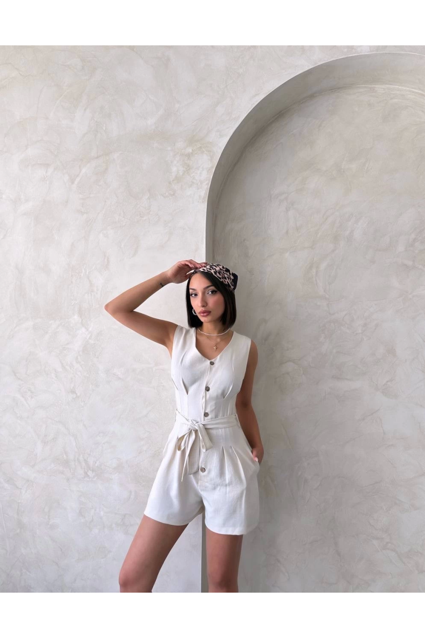 Kuşaklı şortlu tulum