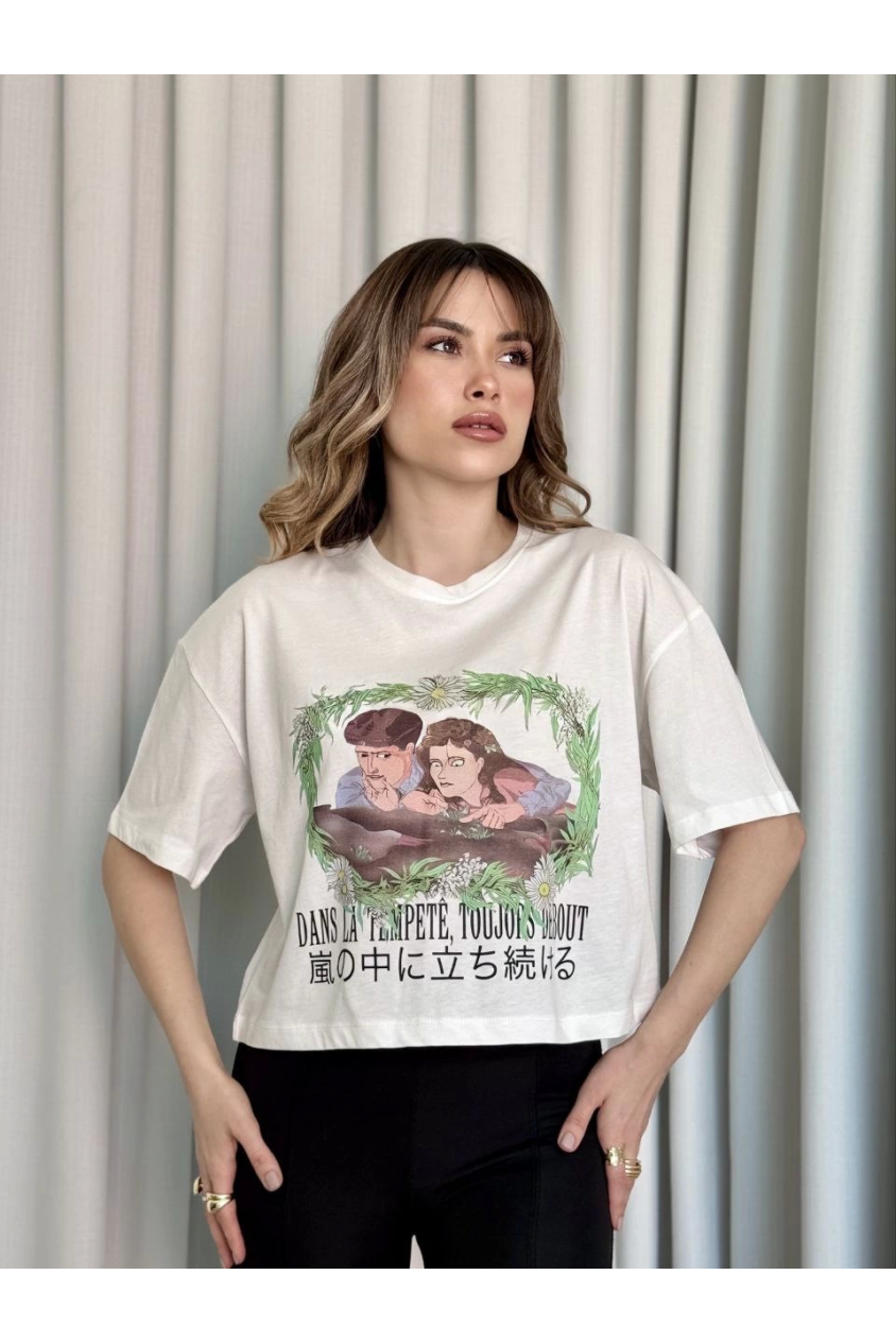 Oversize beyaz baskılı crop tişört