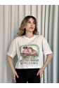 Oversize beyaz baskılı crop tişört