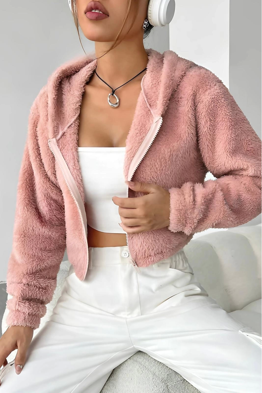 Peluş ceket kapşonlu pudra