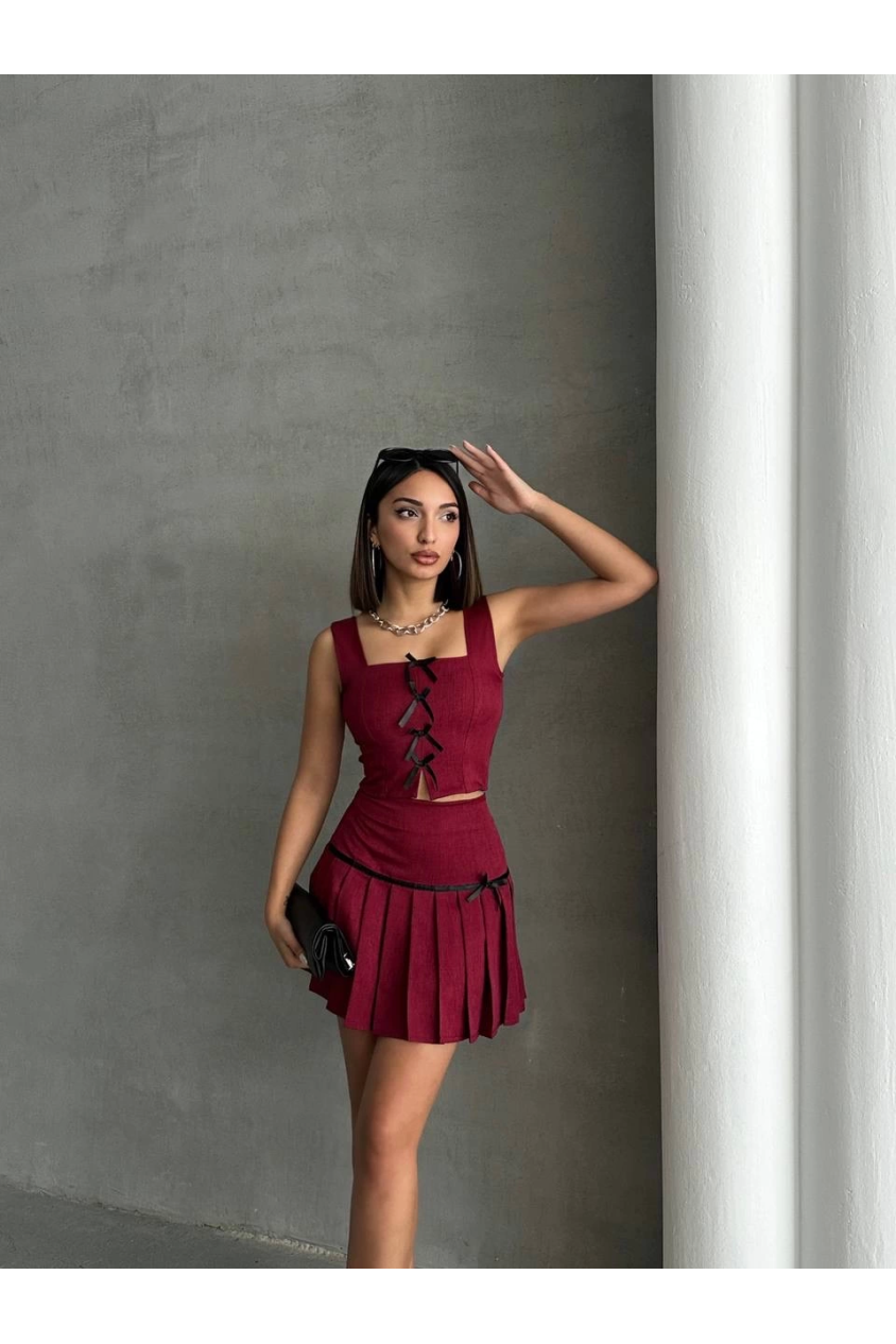 Pileli etek yelek takım bordo s255015
