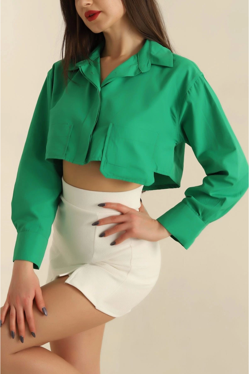 Poplin crop gömlek yeşil s3060