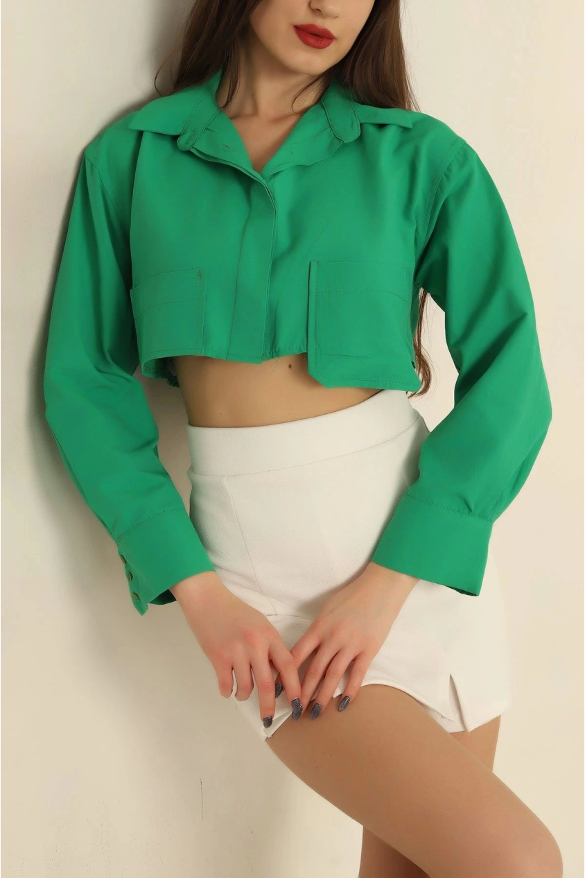 Poplin crop gömlek yeşil s3060