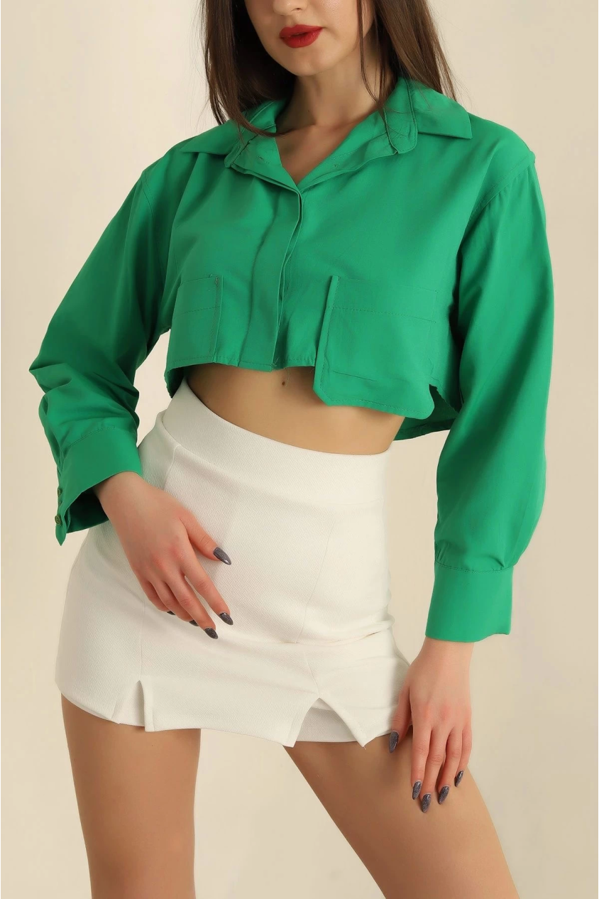 Poplin crop gömlek yeşil s3060