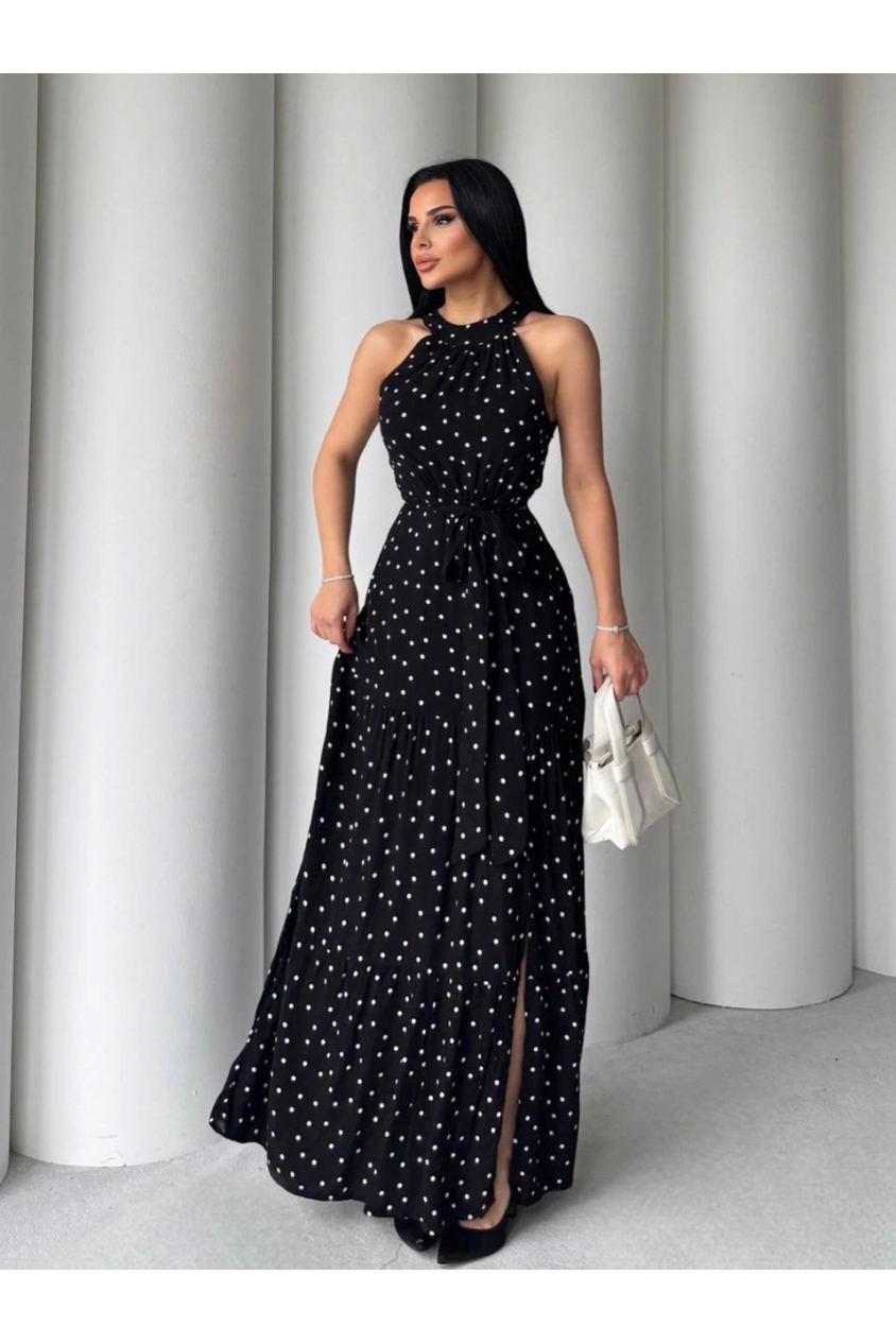 Puantiyeli yırtmaçlı elbise n4233