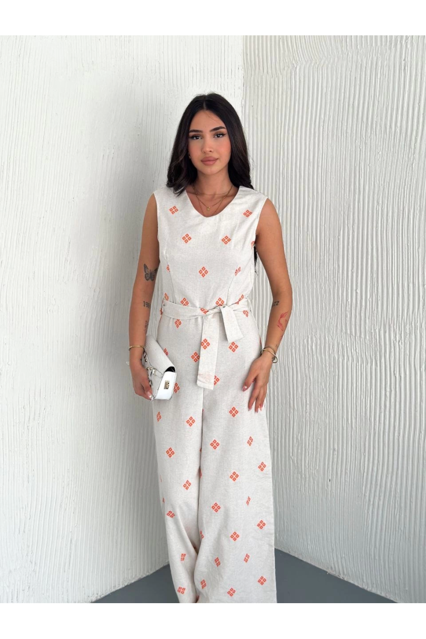 Sırt dekolteli keten beyaz tulum s1036