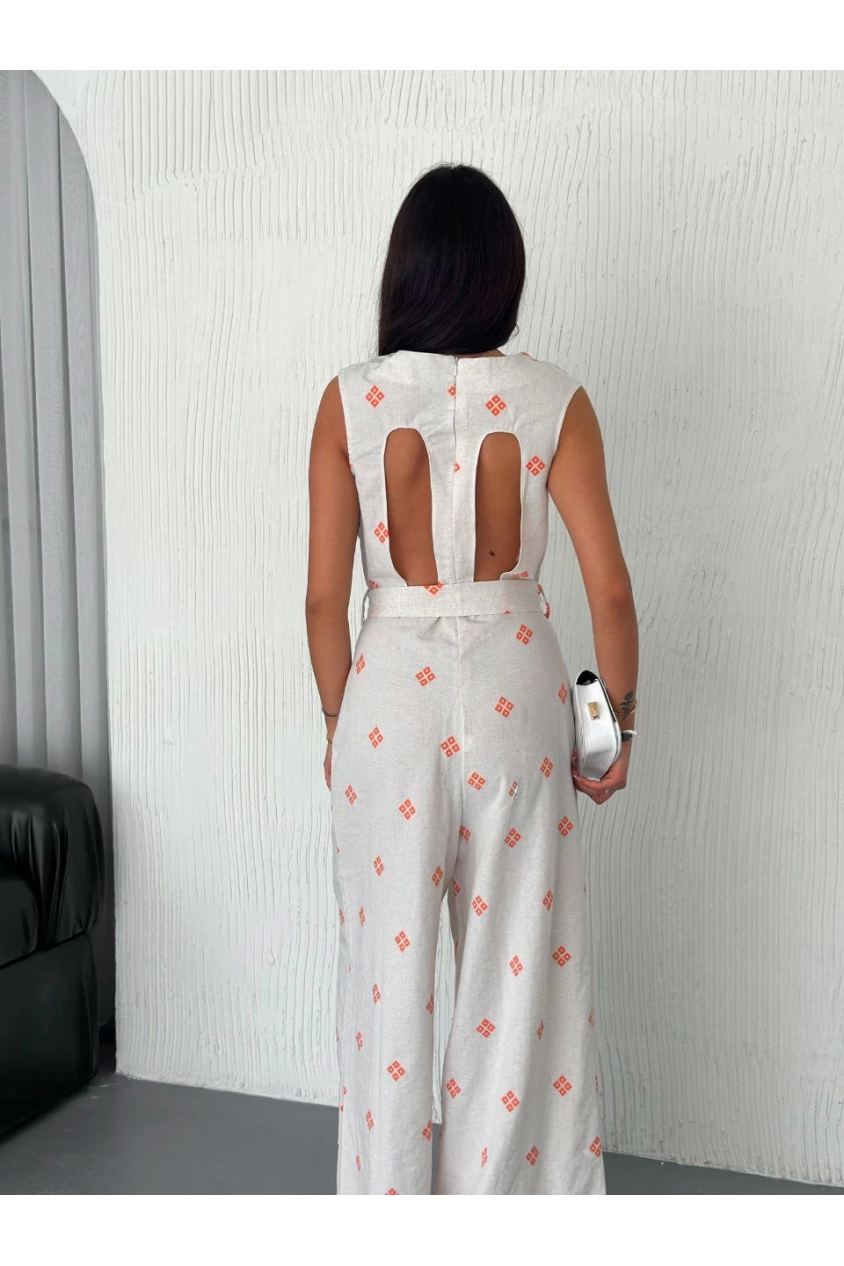 Sırt dekolteli keten beyaz tulum s1036