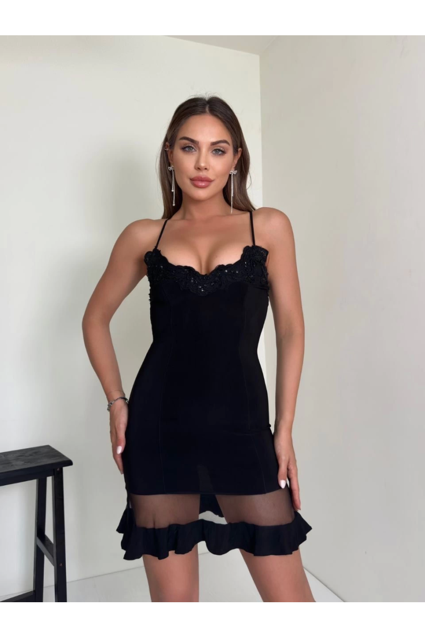 Tül detaylı mini elbise