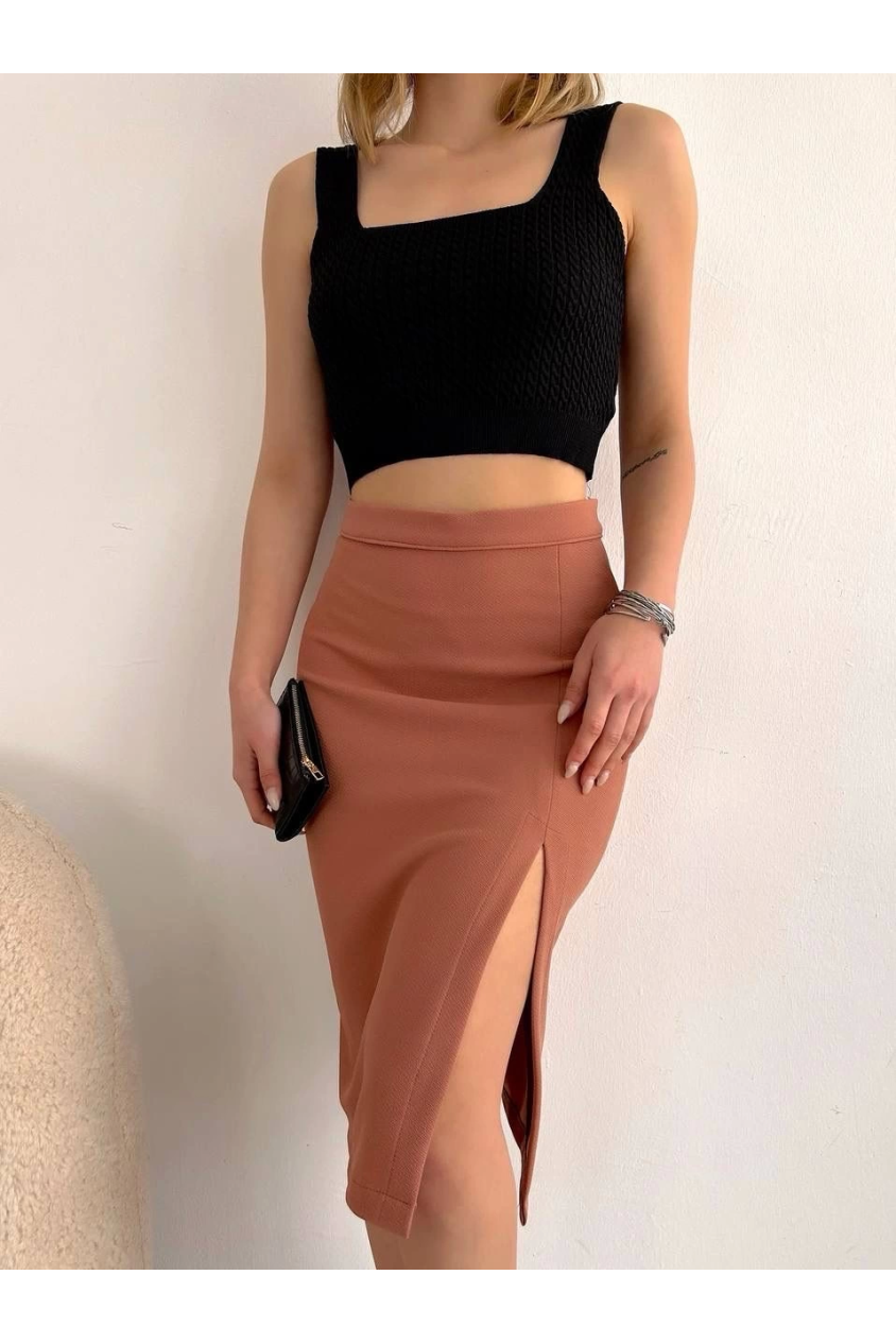 Uzun midi boy yırtmaçlı etek somon s24907