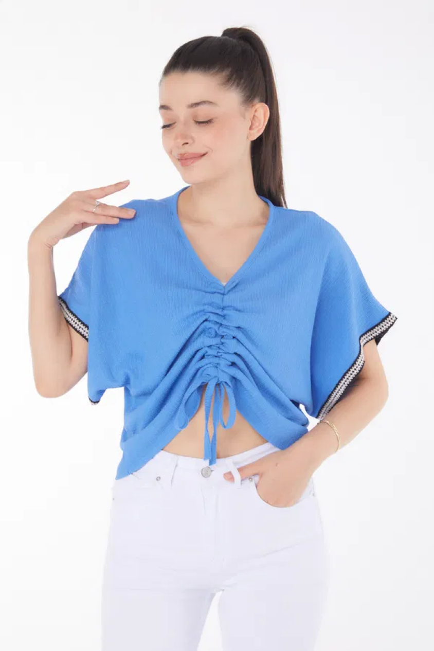 V yaka büzgülü detaylı bluz V yaka büzgülü detaylı bluz