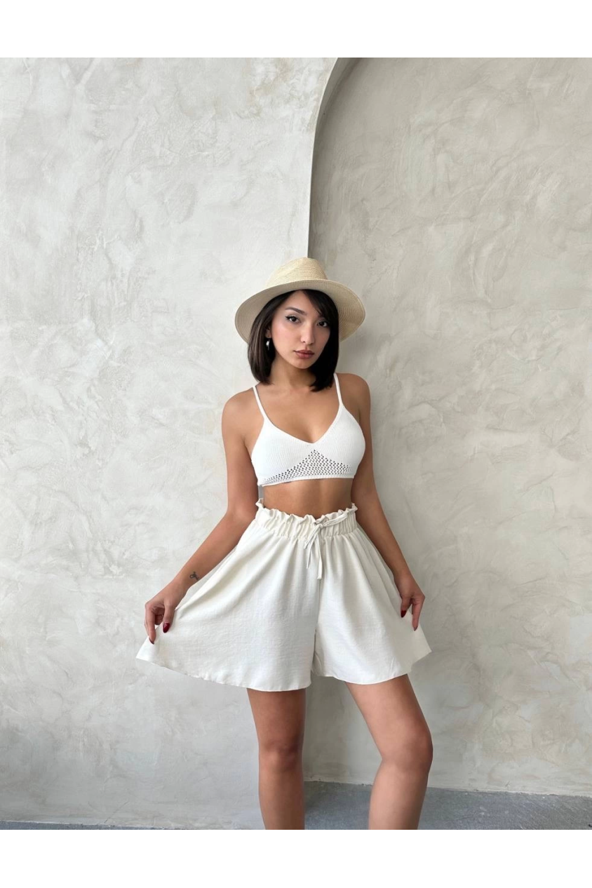 Volanlı keten şort bej s255058