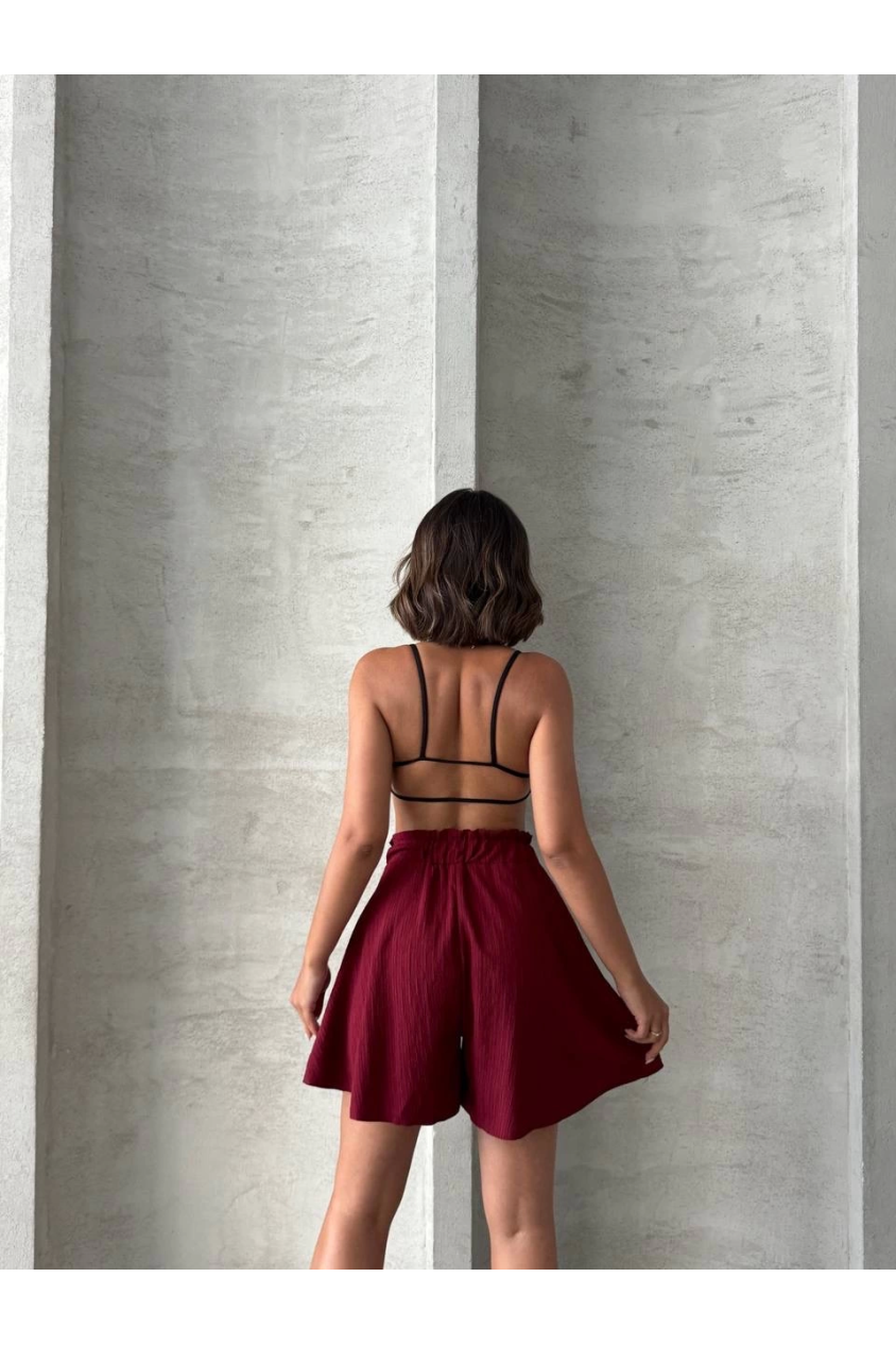 Volanlı keten şort bordo s255058