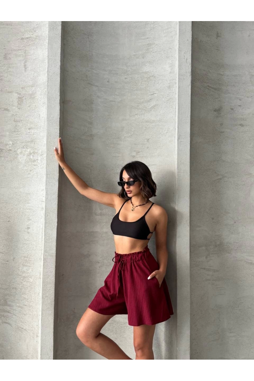 Volanlı keten şort bordo s255058