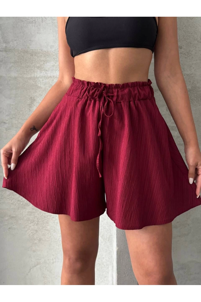 Volanlı keten şort bordo s255058