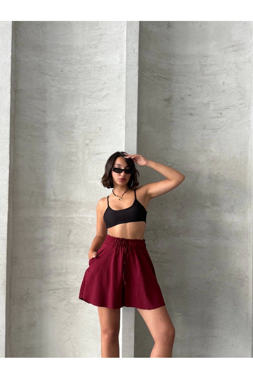 Volanlı keten şort bordo s255058
