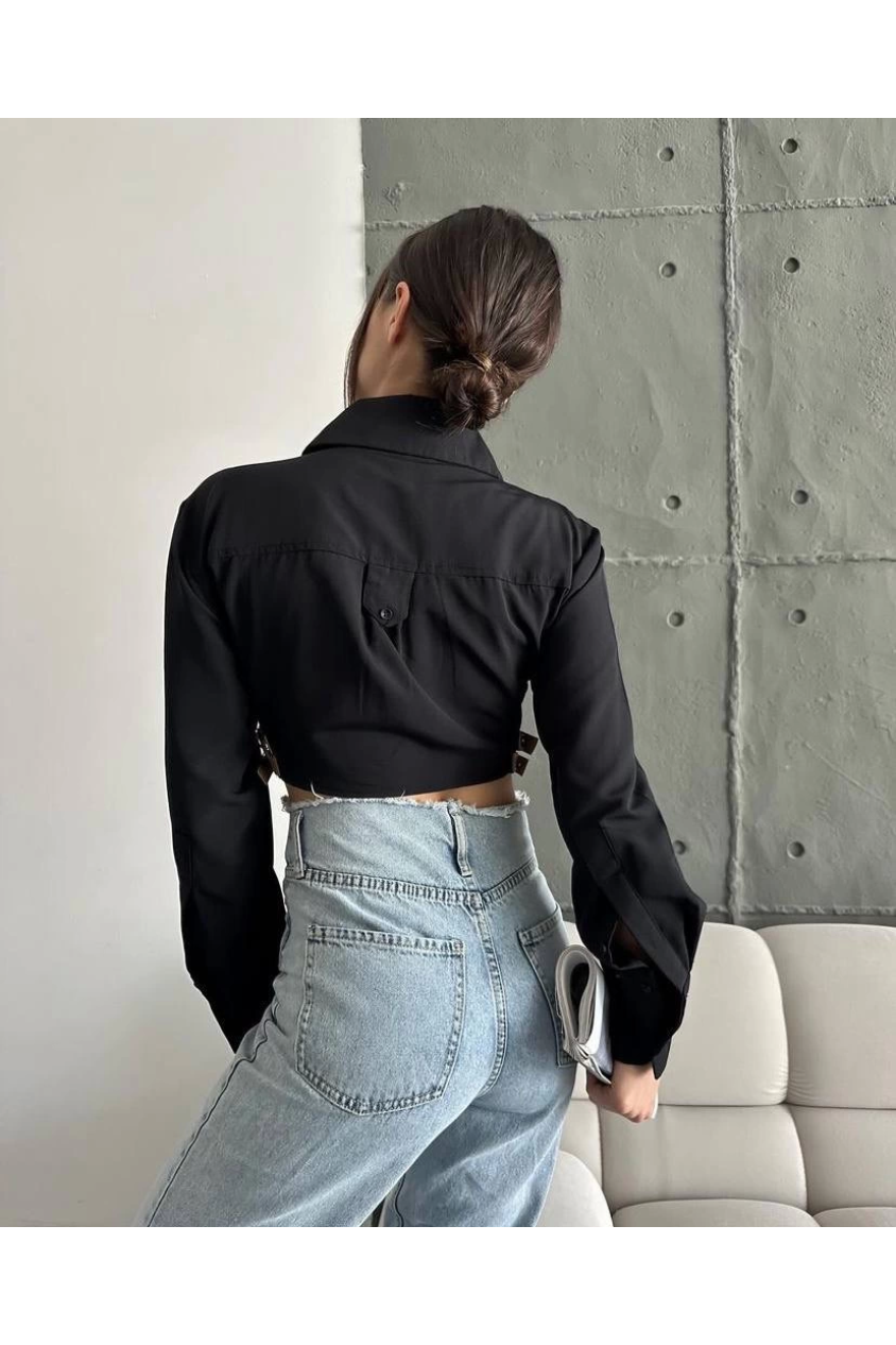 Yanı kemer detaylı crop gömlek siyah s4009