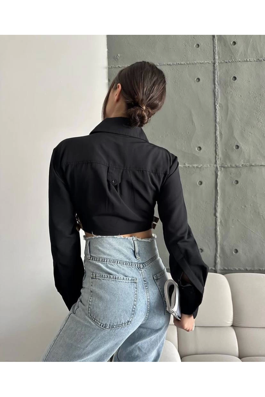 Yanı kemer detaylı crop gömlek siyah s4009