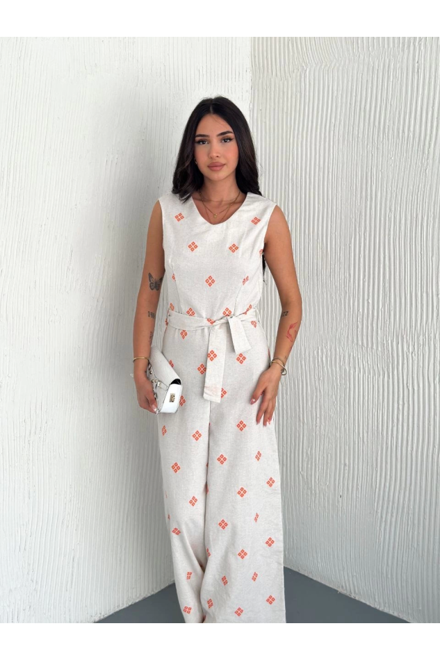 Sırt dekolteli keten beyaz tulum s1036