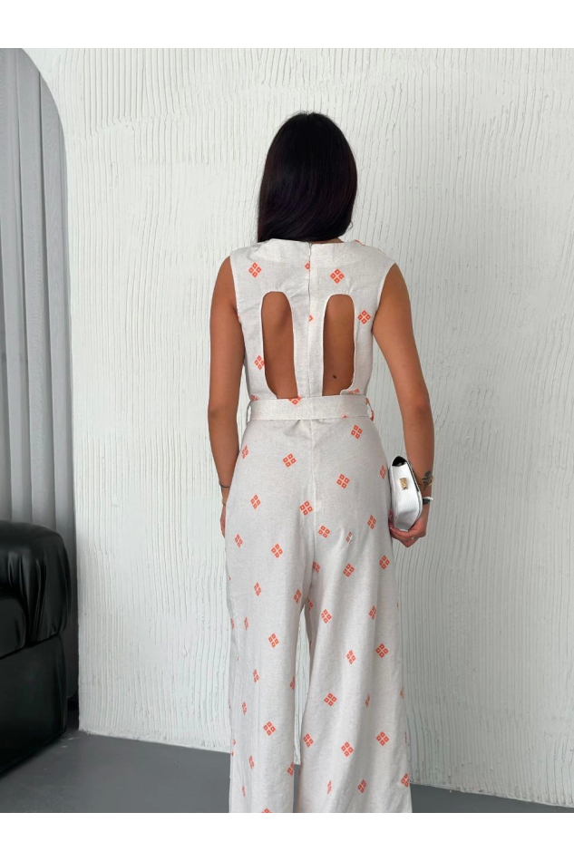 Sırt dekolteli keten beyaz tulum s1036
