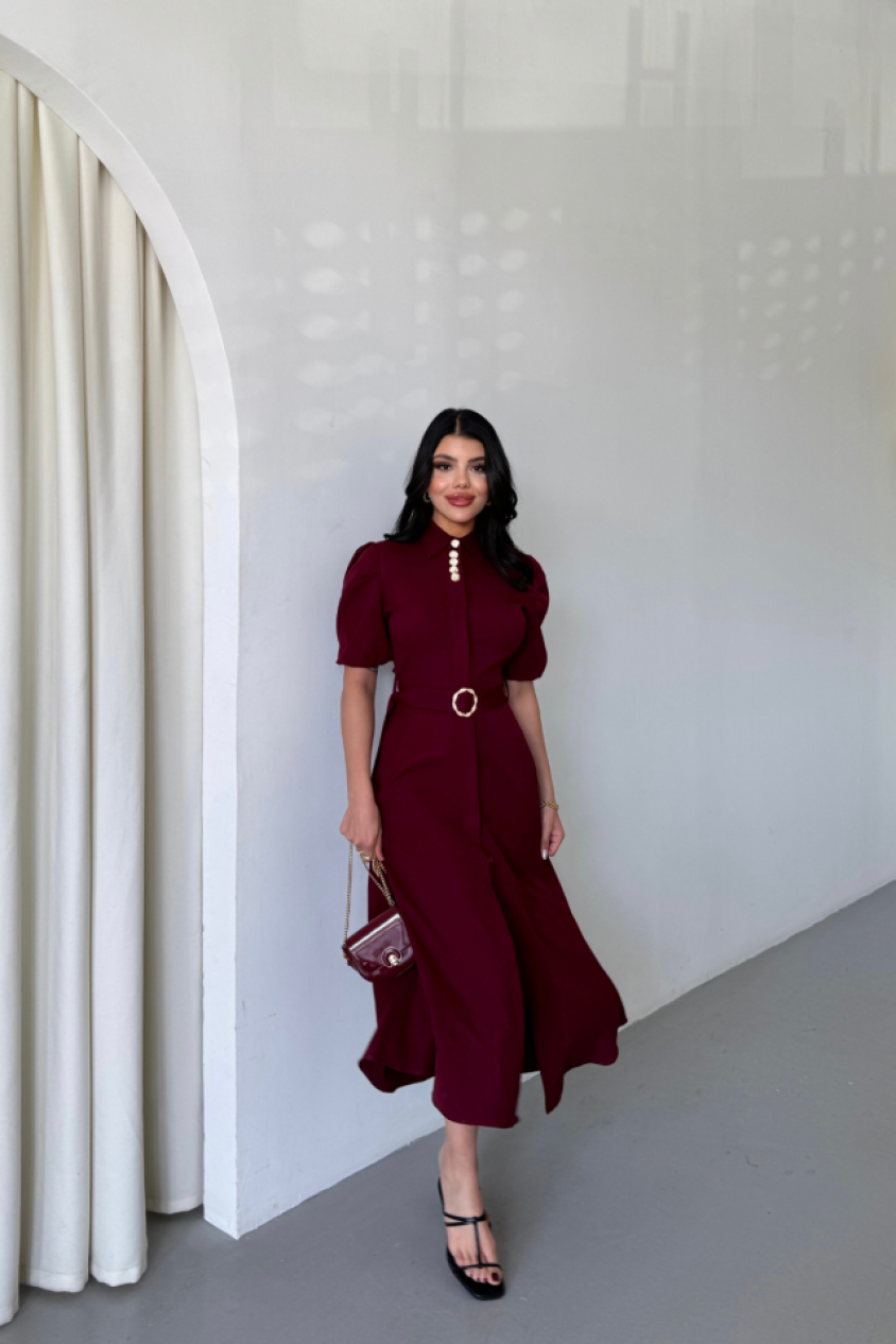 YAKA DÜĞME DETAYLI ELBİSE- Bordo