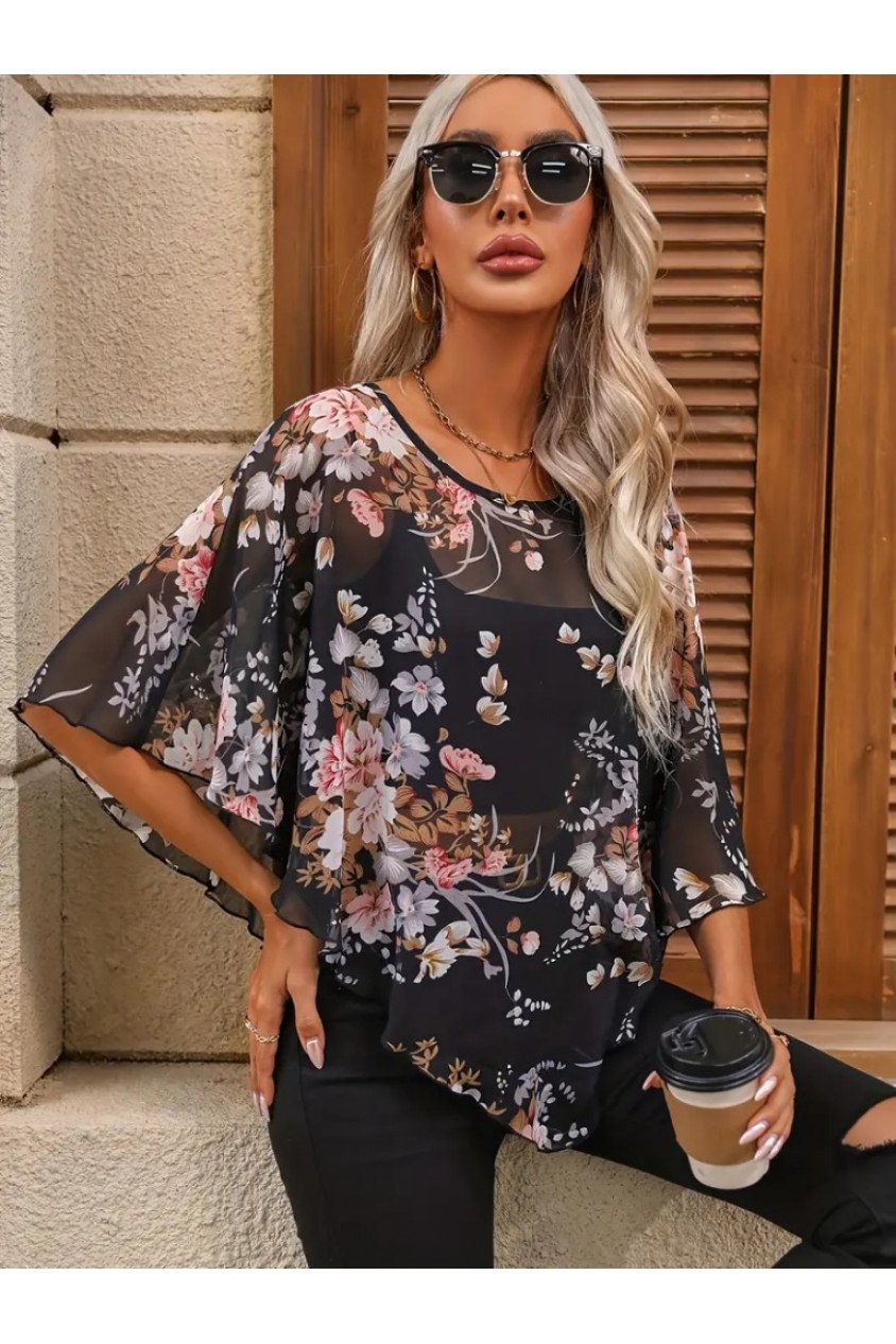 Kadın Kısa Kollu Yuvarlak Yaka çiçek Baskılı Asimetrik Kesim şifon Bluz
