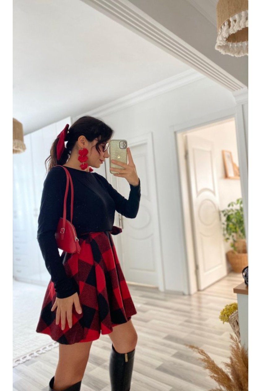 Kadın Uzun Kollu Bisiklet Yaka üst Viskon Alt Ekose Kısa Elbise
