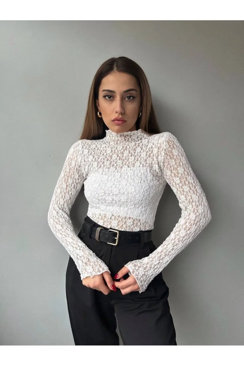 Kadın Likralı Dantel Transparan Uzun Kol Crop Bluz