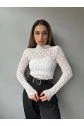 Kadın Likralı Dantel Transparan Uzun Kol Crop Bluz