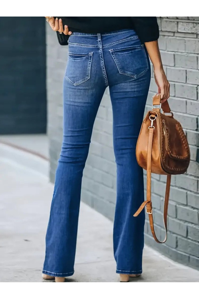 Kadın Yüksek Bel önden Düğmeli Cep Detay Ispanyol Paça Denim Pantolon