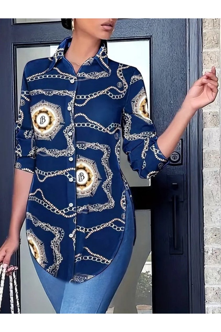Kadın Uzun Kollu Yanları Yırtmaç Detay Desenli Gömlek