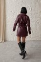 Bordo Kemerli Mini Deri Etek