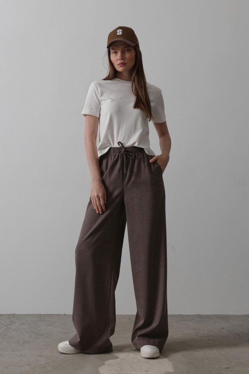 Beli Lastikli Bol Paça Pantolon - Kahve
