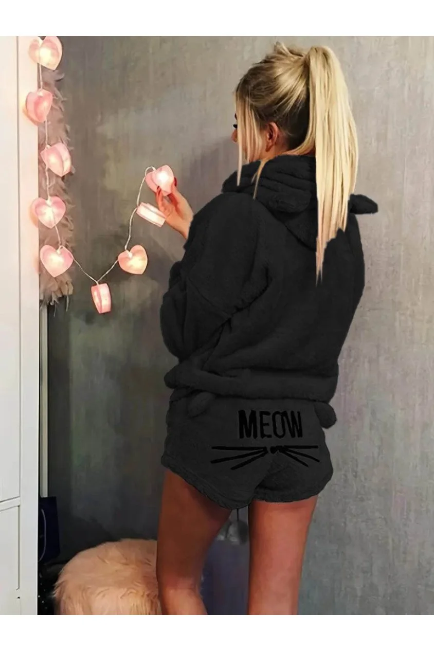 Kadın Uzun Kollu Meow Kedi Nakışlı Kapşonlu Peluş Sweat Ve Short Ikili Takım