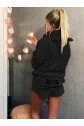 Kadın Uzun Kollu Meow Kedi Nakışlı Kapşonlu Peluş Sweat Ve Short Ikili Takım