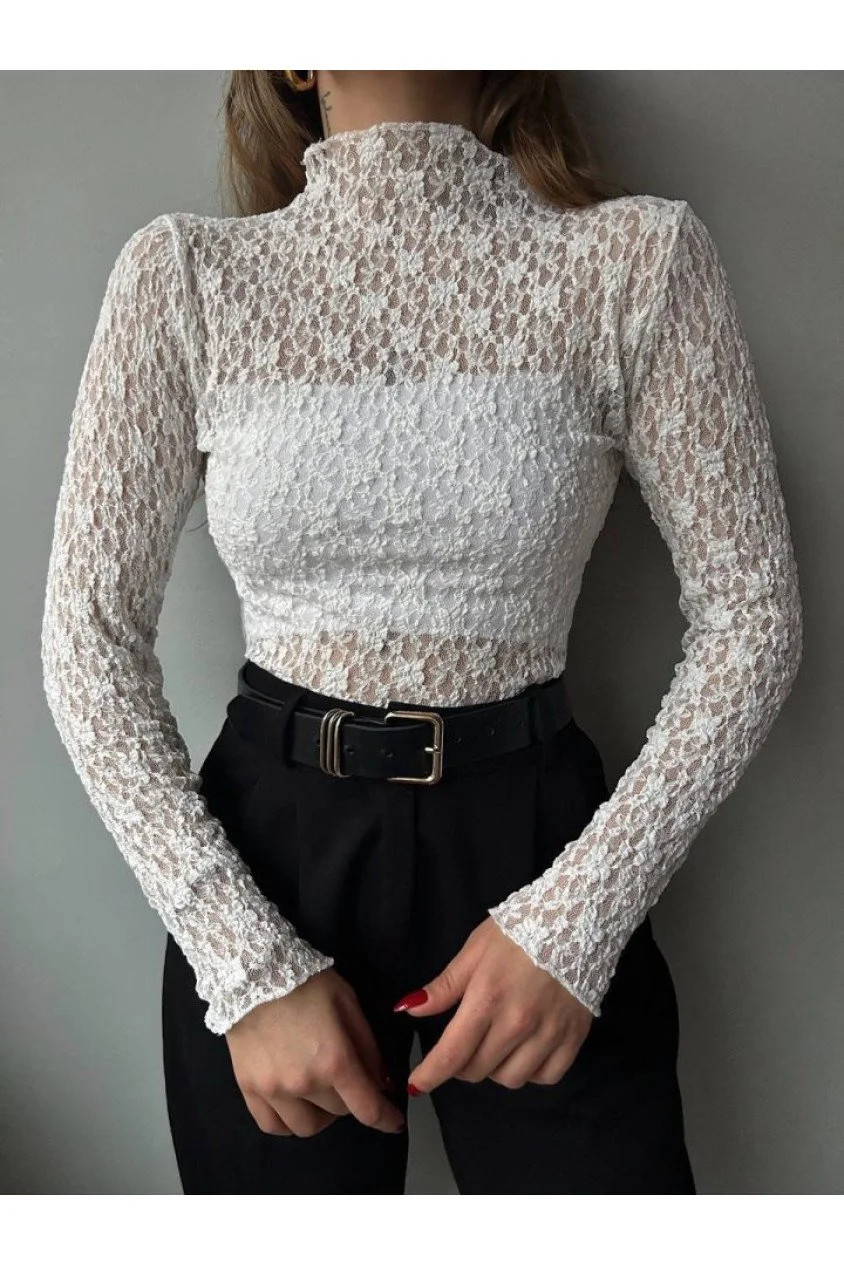 Kadın Likralı Dantel Transparan Uzun Kol Crop Bluz