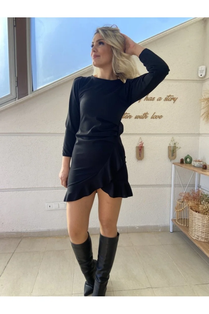 Kadın Uzun Kollu Bisiklet Yaka önden Volanlı Ithal Krep Elbise