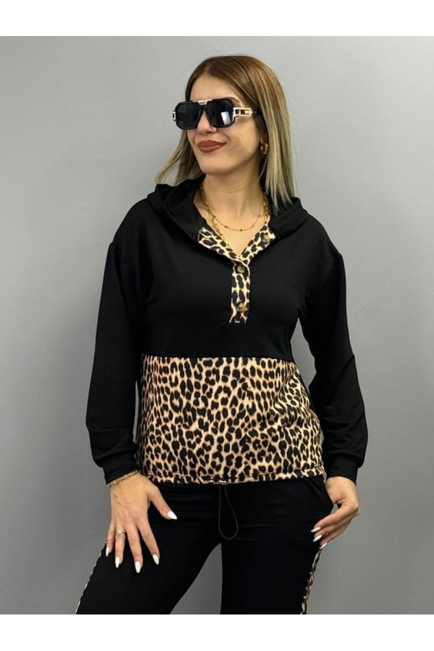 Kadın Uzun Kollu Leopar Detay Sweat Ve Yanı Leopar şerit Detay Pantolon Ikili Takım