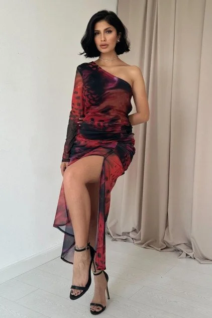 Kırmızı Tek Omuzlu Tül Elbise