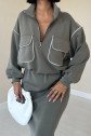 Haki Biyeli Sweatshirt Ve Etek Takım