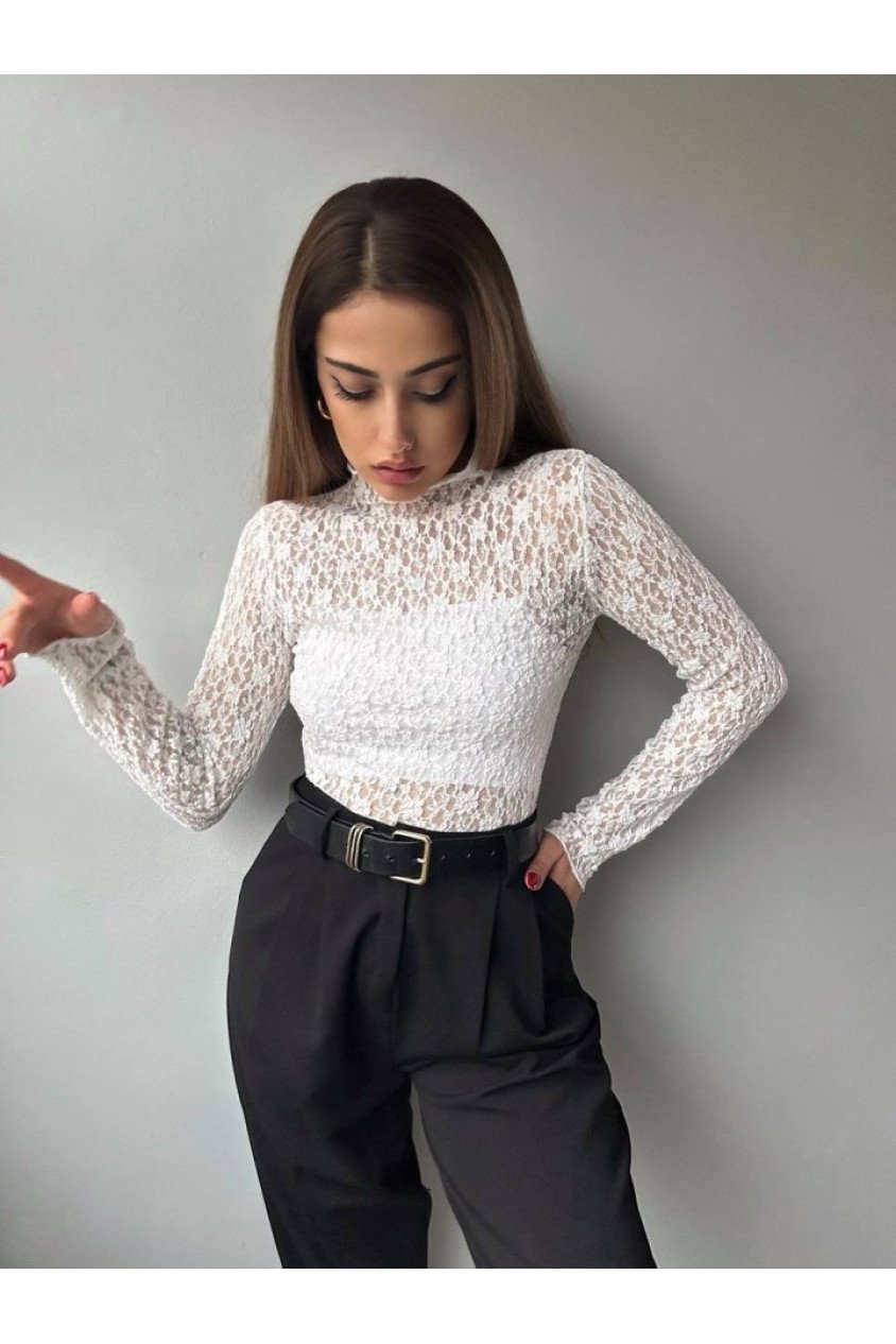 Kadın Likralı Dantel Transparan Uzun Kol Crop Bluz