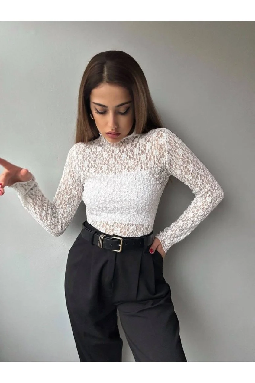 Kadın Likralı Dantel Transparan Uzun Kol Crop Bluz