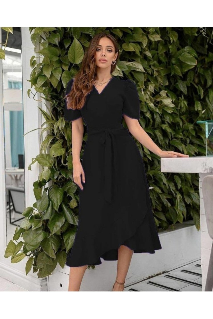 Kadın Kruvaze Yaka Midi Boy Kuşaklı Krep Elbise 120 Cm