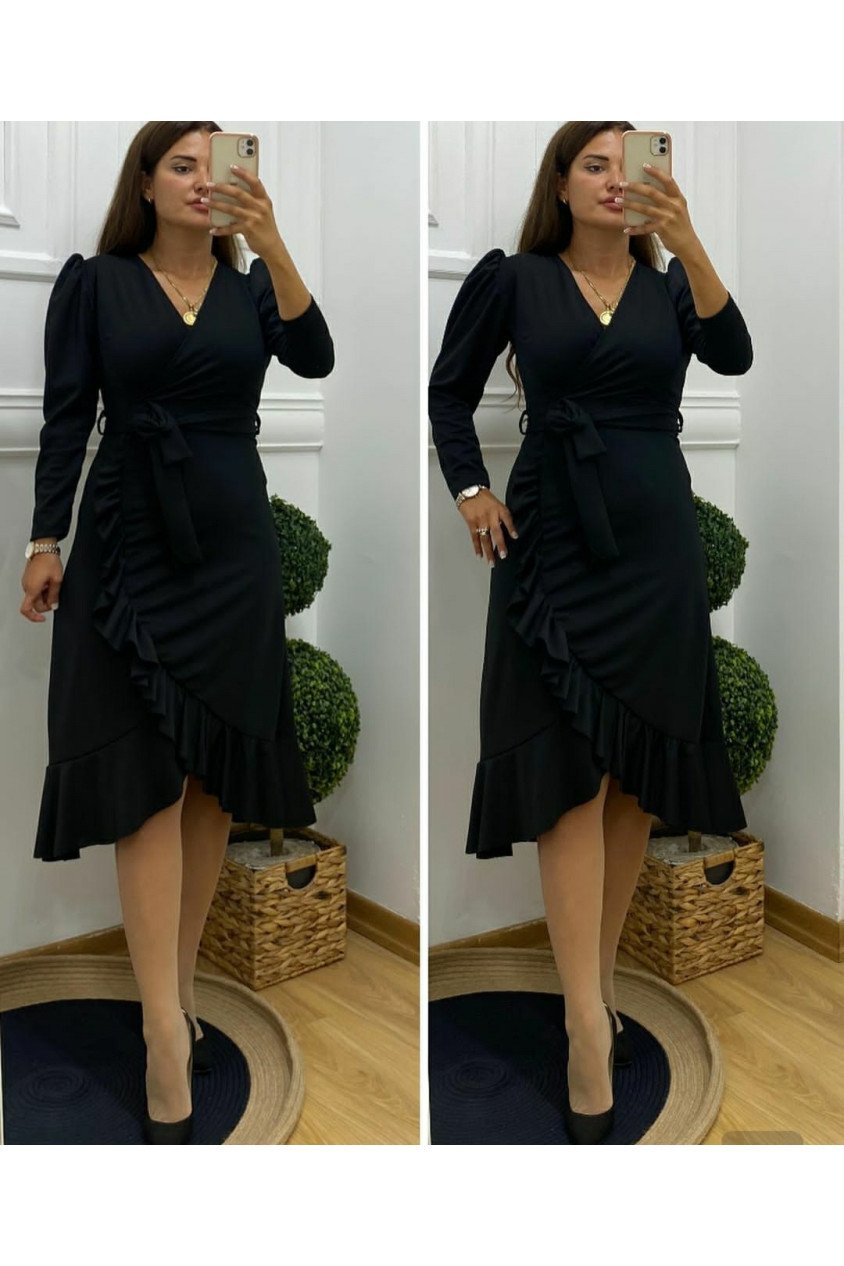 Krep Kumaş Midi Boy Kuşaklı Uzunkol Elbise 113 Cm