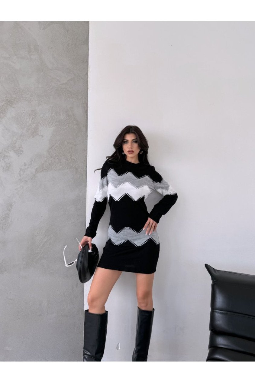 Kadın Uzun Kollu Zigzag Desen Triko Elbise