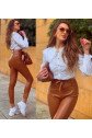 Kadın Yüksek Bel Yanlardan Incili Yırtmaçlı Uzun Deri Tayt