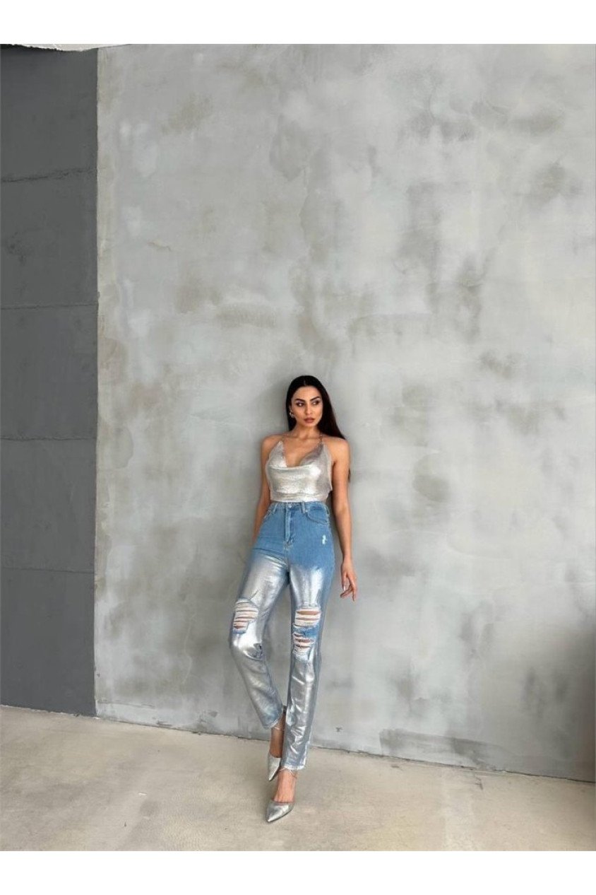 DİZ YIRTIK VARAKLI MOM KOT PANTOLON - Gümüş